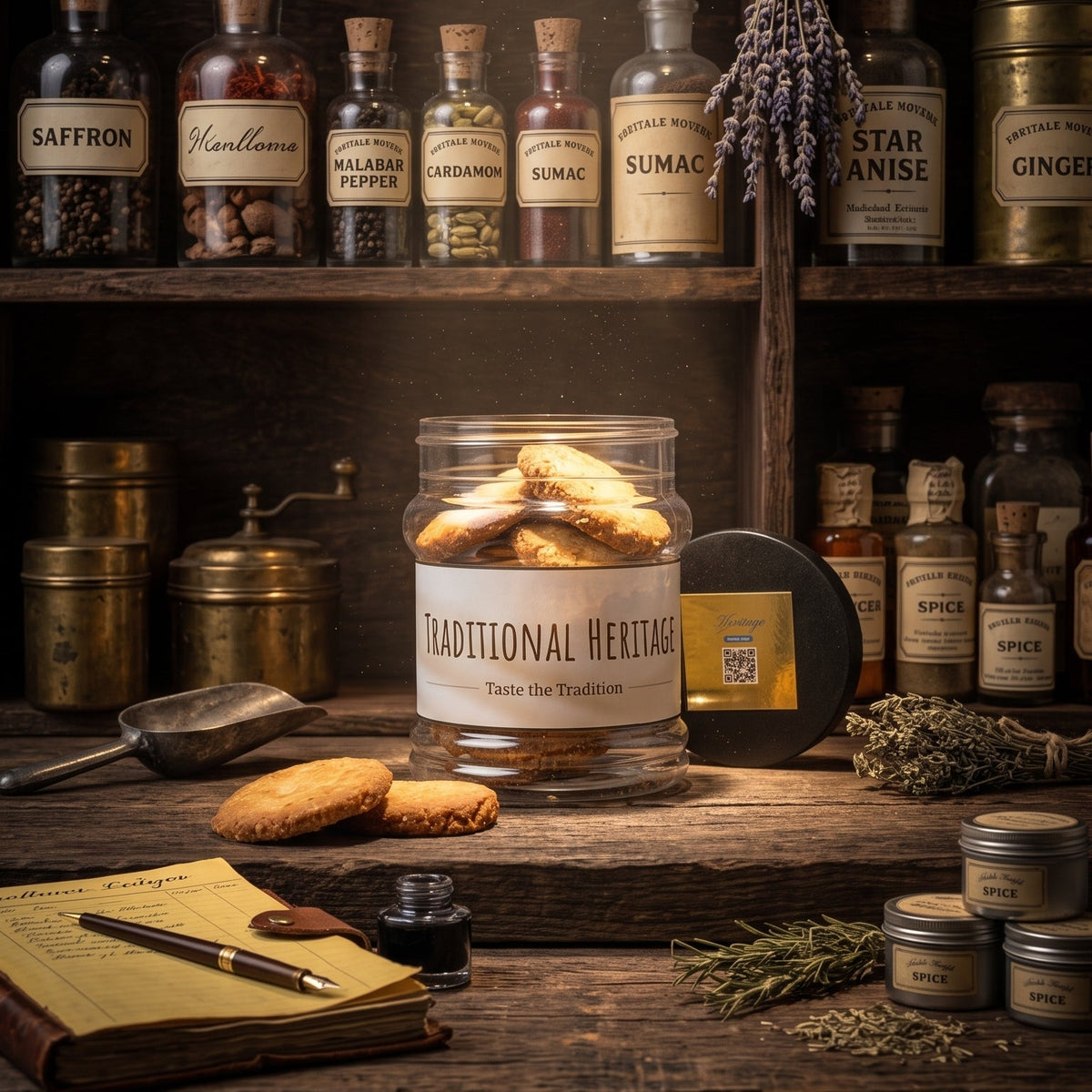 A styled apothecary shop scene with wooden shelves filled with vintage glass bottles, jars, and dried herbs. In the foreground, a glass jar labeled 'Traditional Herbs' contains cookies, with a notebook, pen, and small containers on a wooden counter.